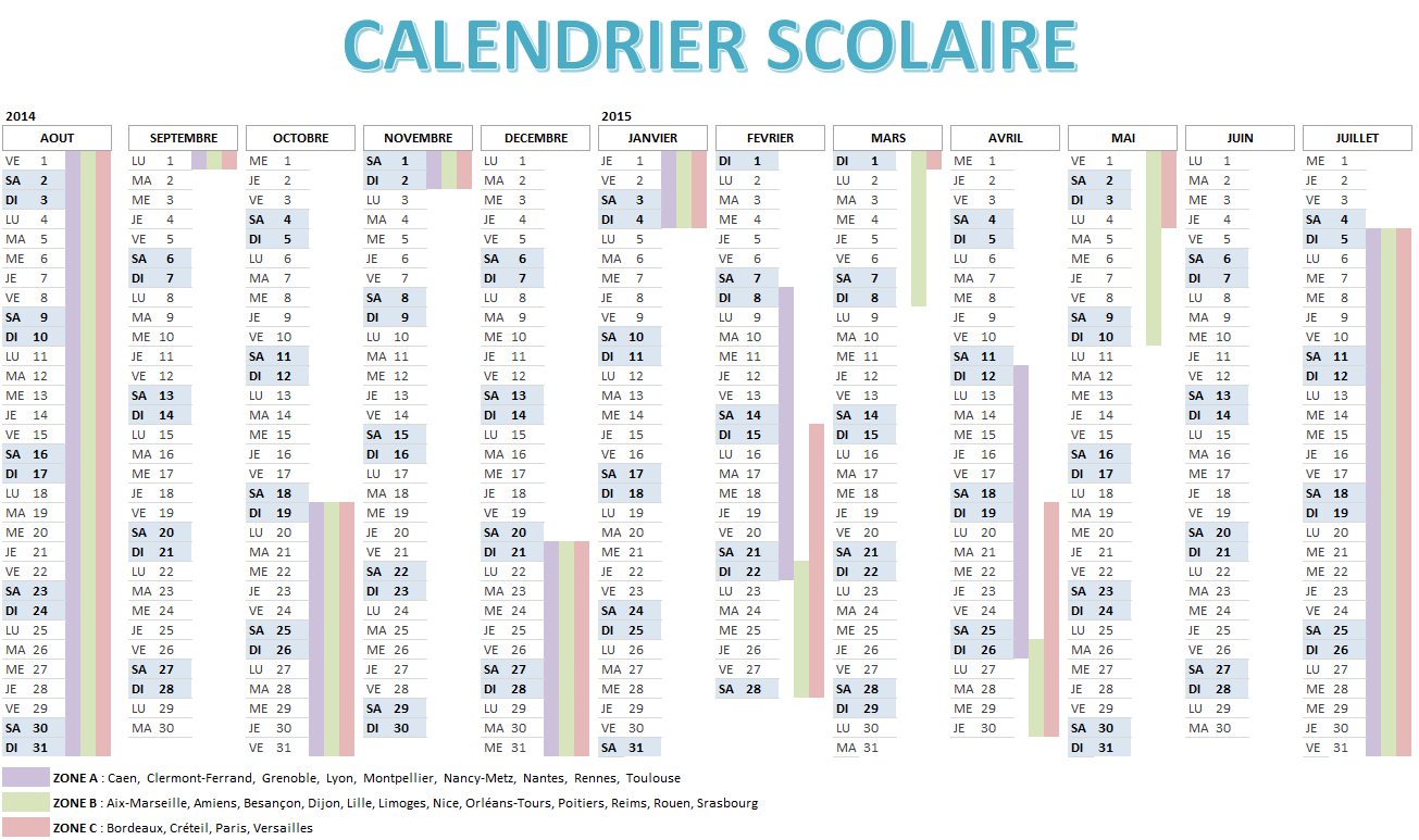 Calendrier Scolaire 2014 2015 à Télécharger Excel And Pdf