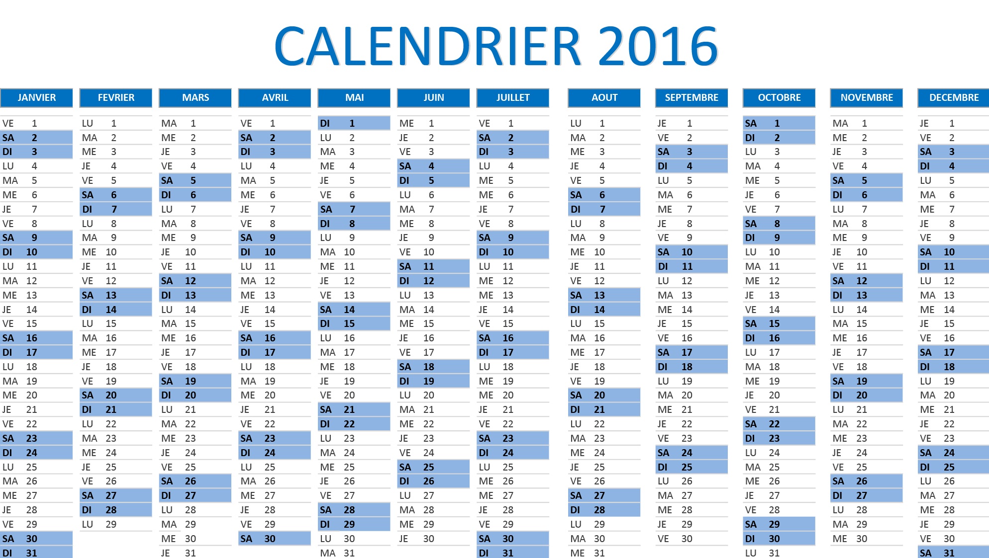 Calendrier 2016 à gratuitement