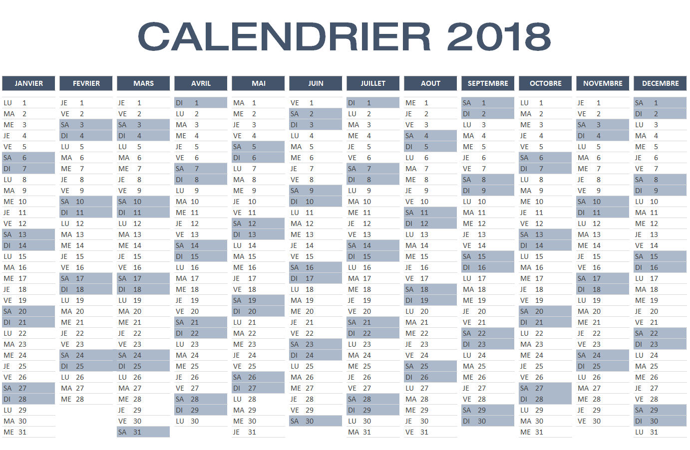 calendrier 2018