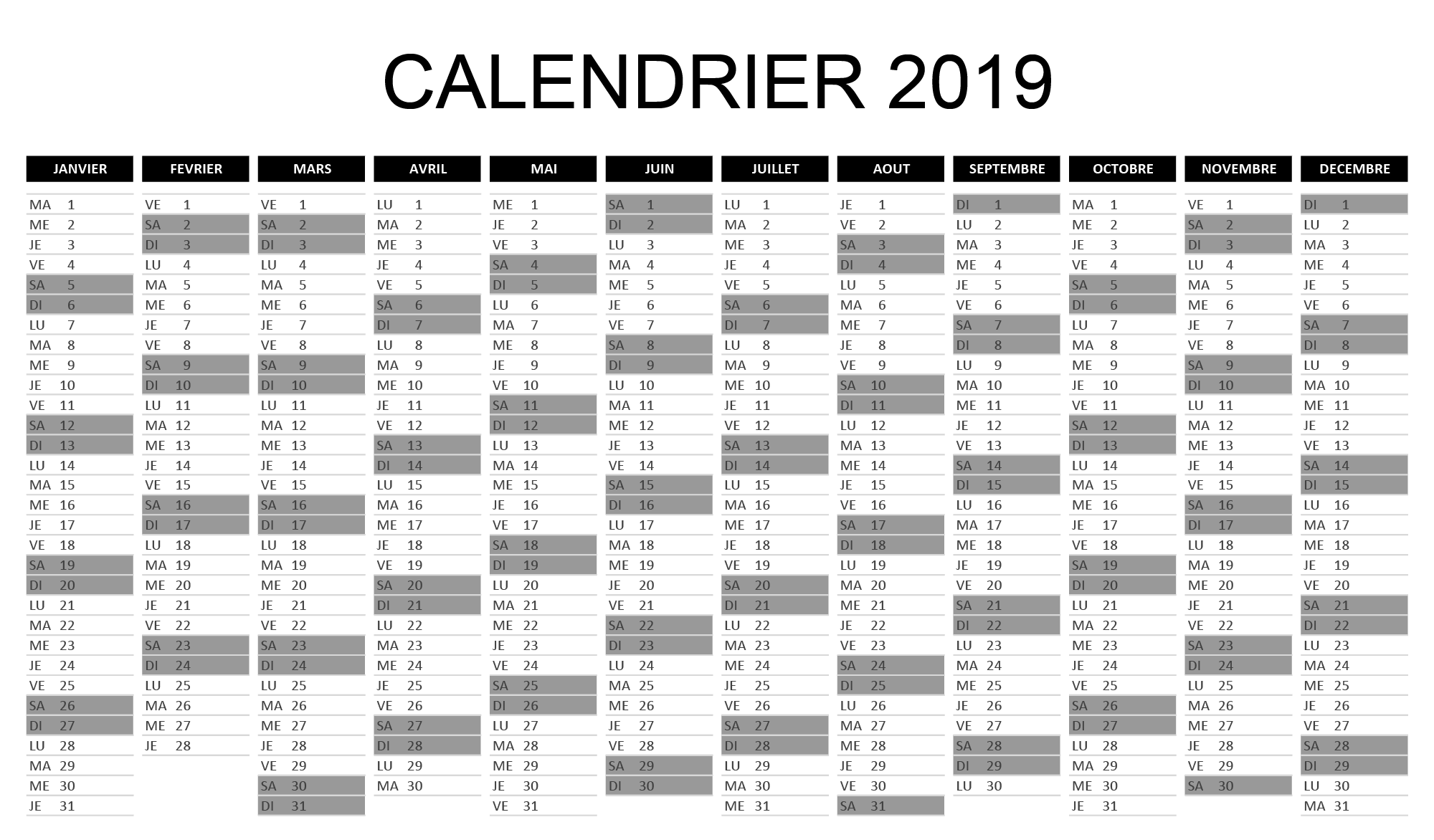 calendrier 2019