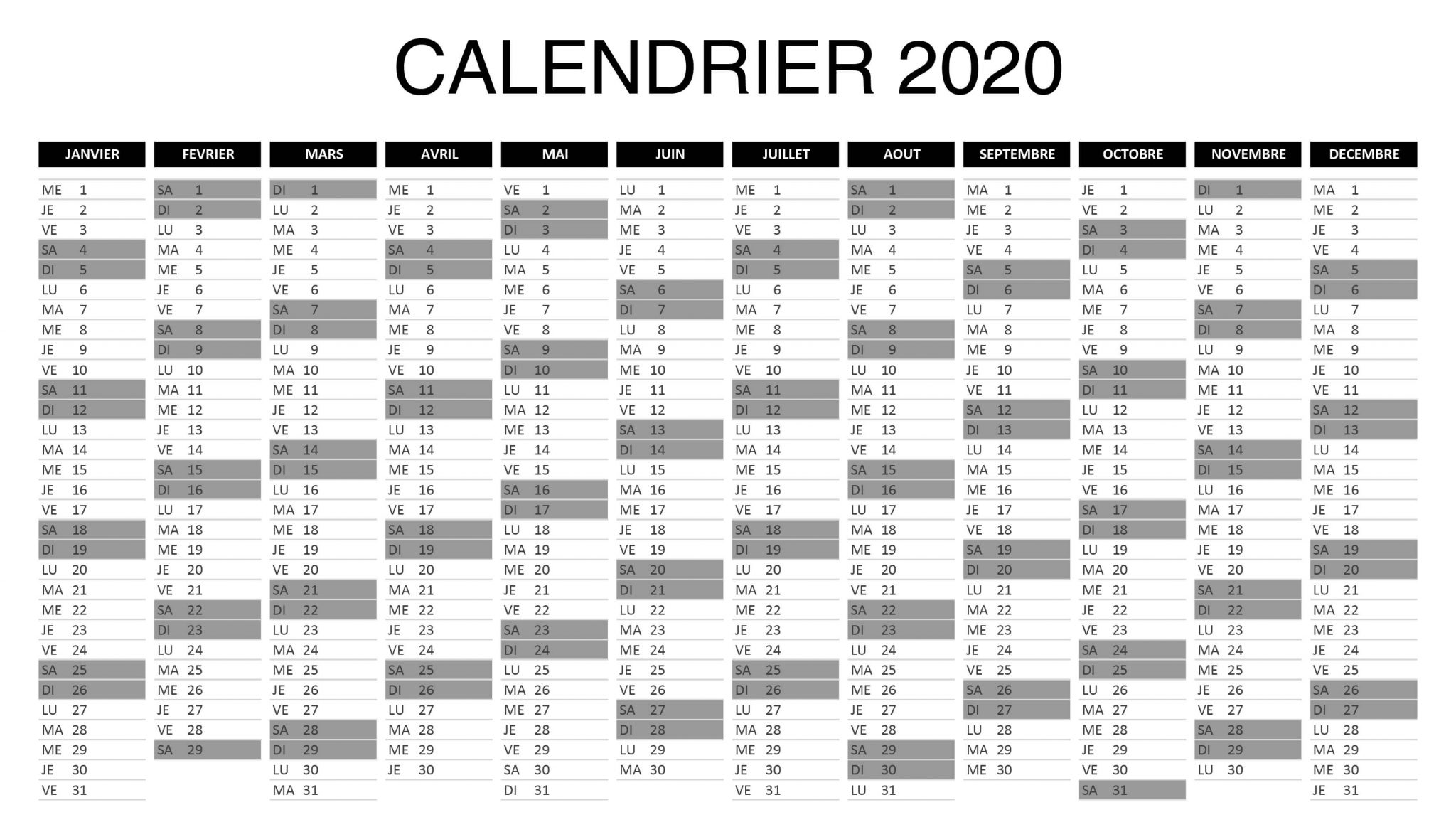 Calendrier 2020 à télécharger au format Excel et PDF