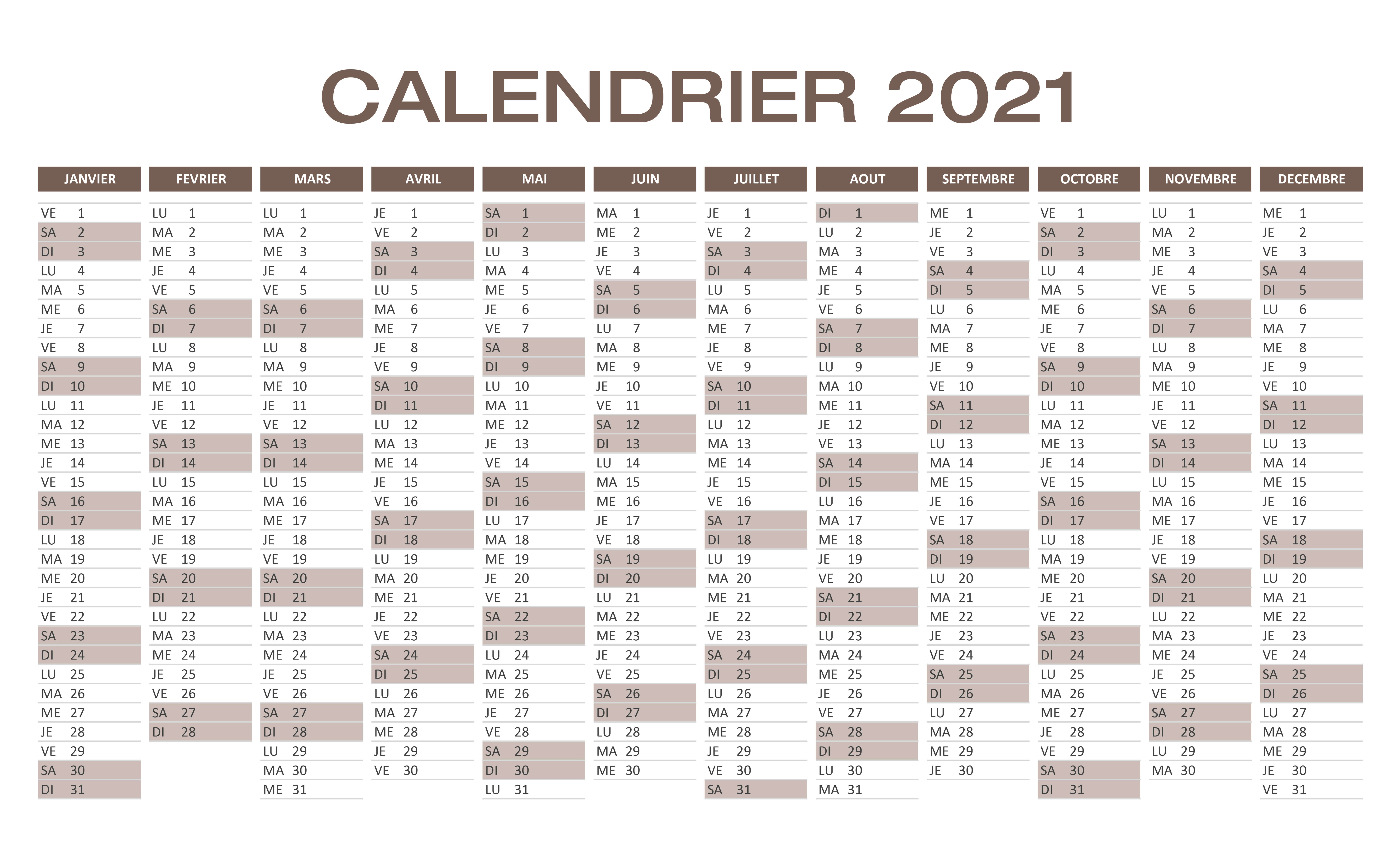 Calendrier 2021 à télécharger au format Excel et PDF